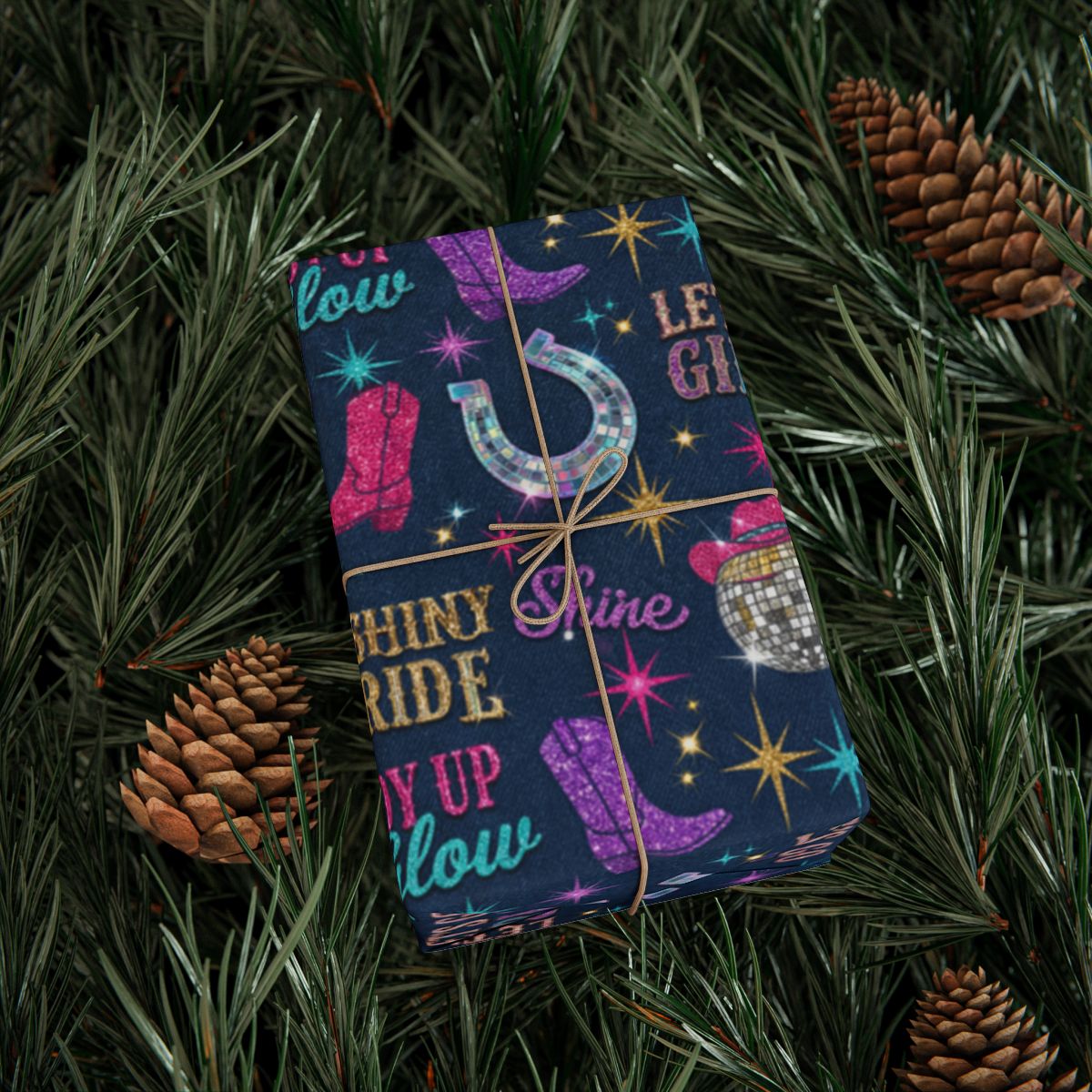 Festive Glittery Western Theme Holiday Wrapping Paper