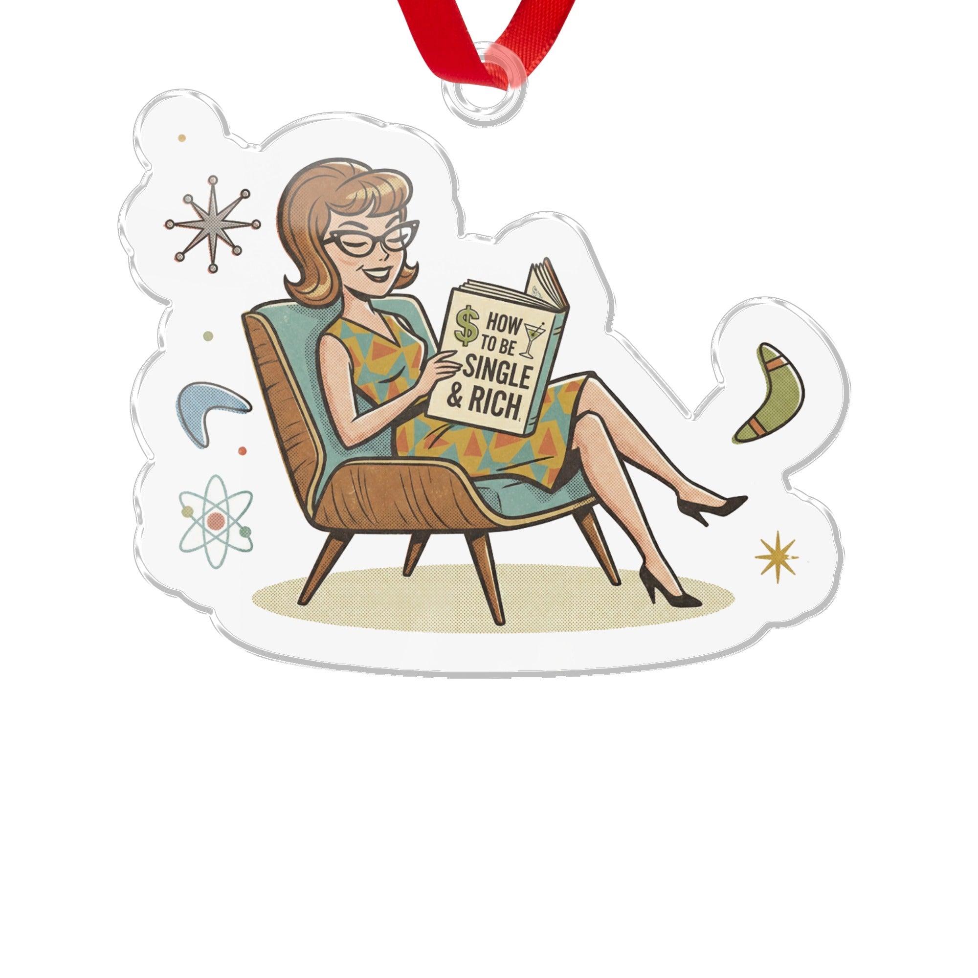 Retro Stylish Lady Reading How to Be Single and Rich Ornament