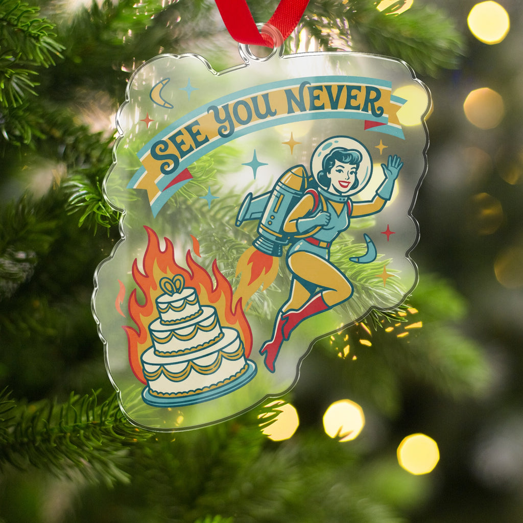 Retro Spacewoman See You Never Christmas Ornament