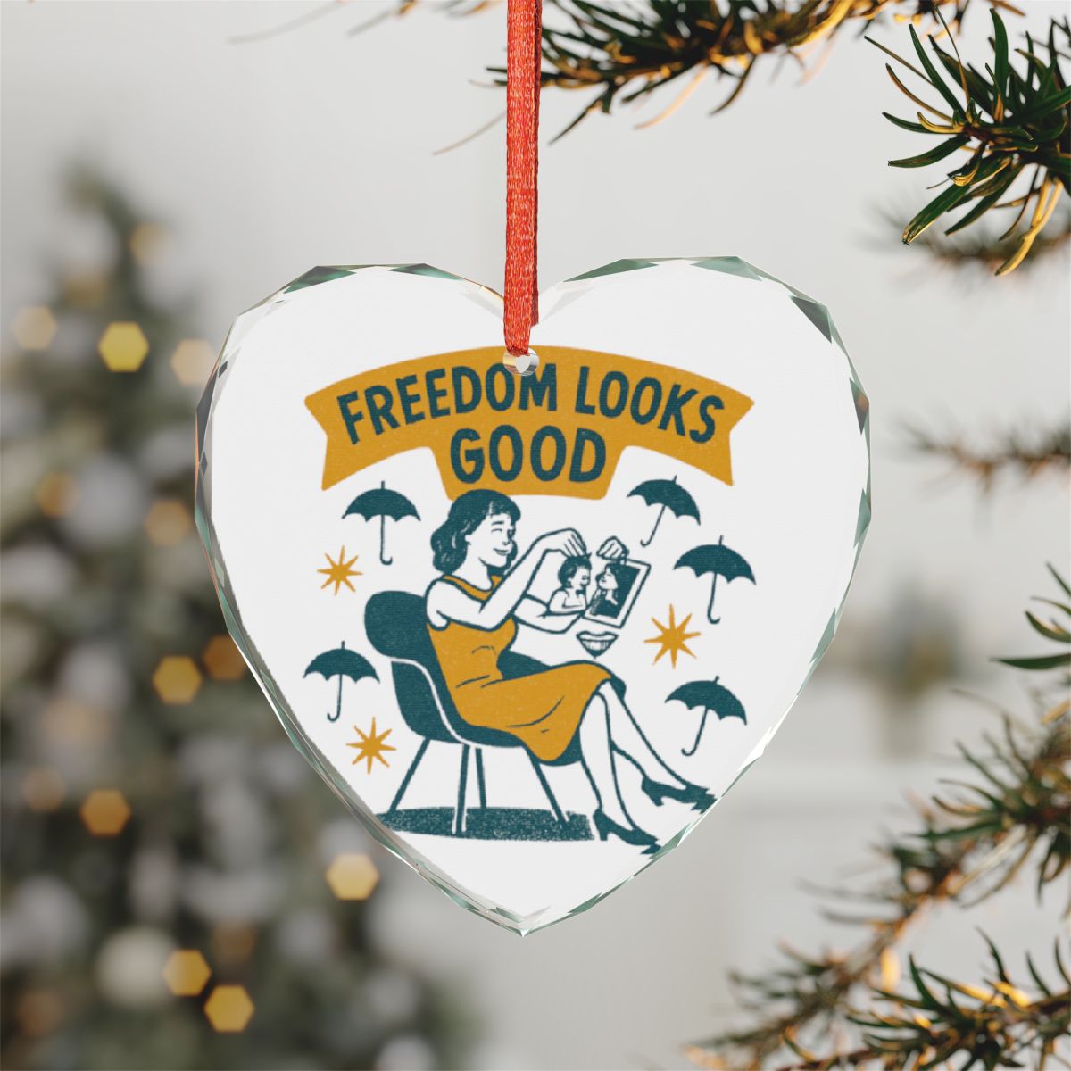 Freedom Looks Good Heart Shaped Ornament