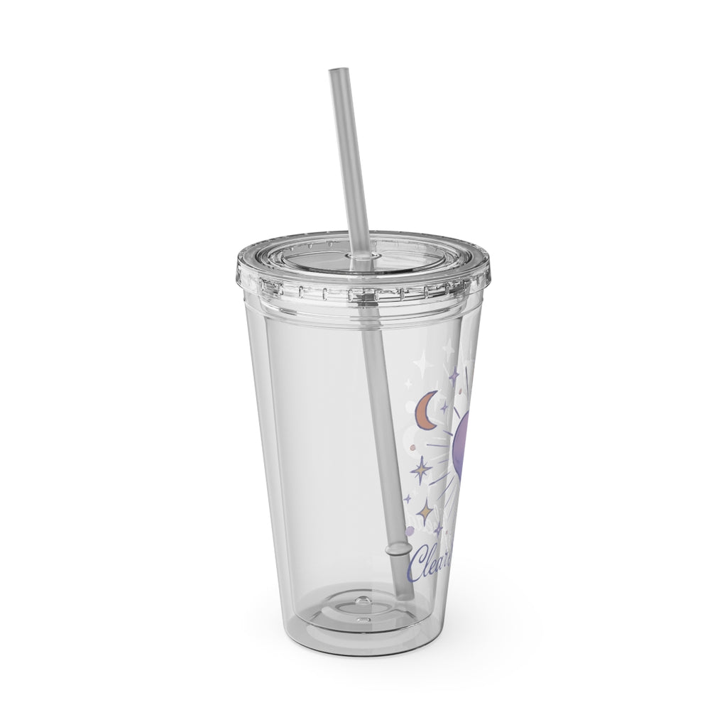 Clear Tumbler with Straw and Celestial Design