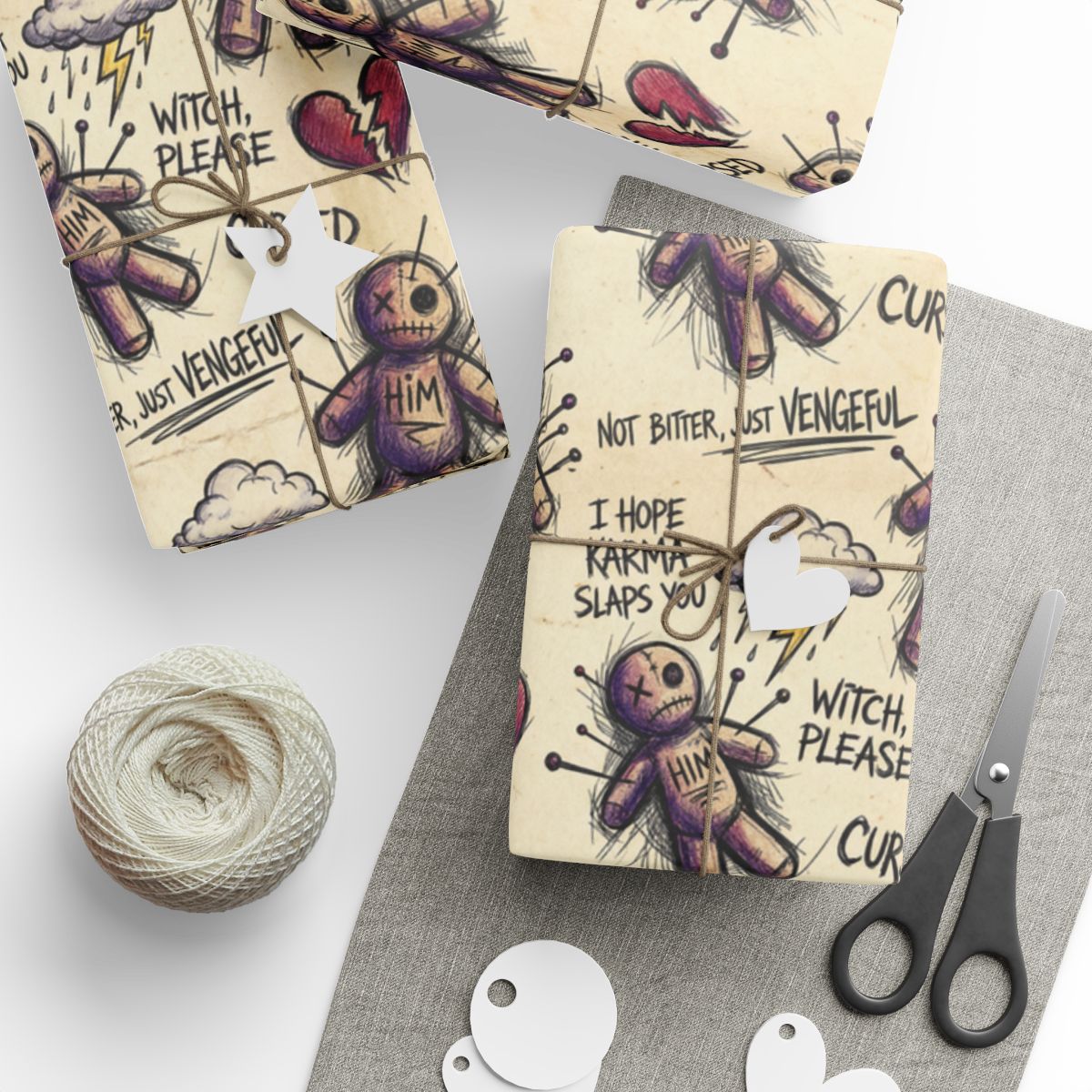Voodoo Doll Wrapping Paper with Funny Quotes Design