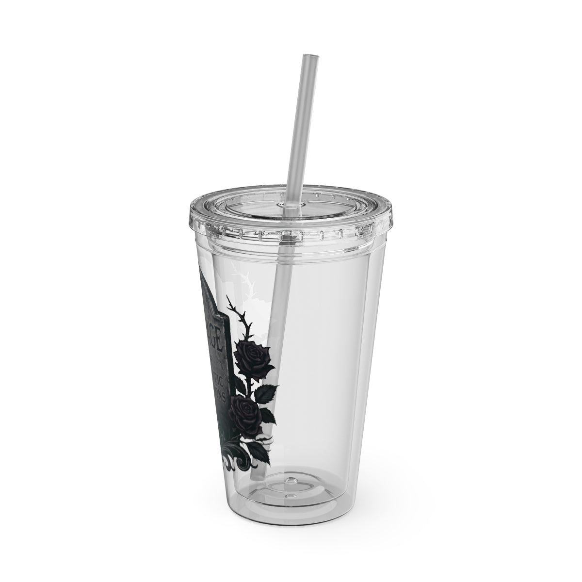 Clear tumbler with graveyard rose design tumbler